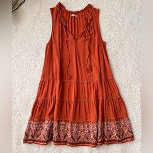 Max Studio Terracotta Textured Sleeveless Embroidered Dress with Tassels